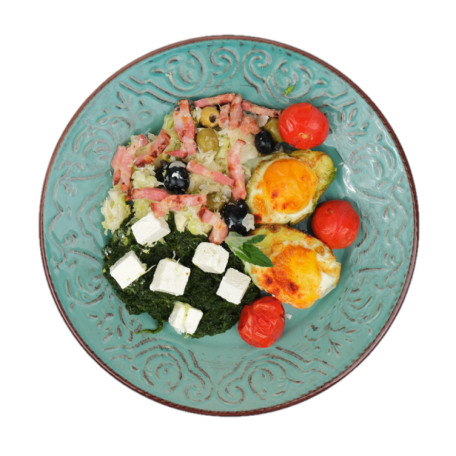 Avocado cu ou la cuptor, bacon, spanac, rosii cherry, branza feta si salata coleslaw cu mix de masline 350g