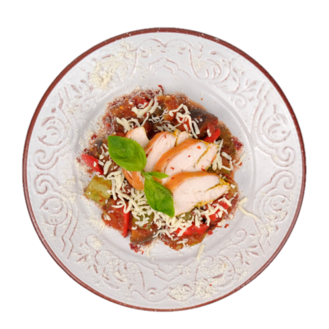 B. "Caponata" cu pui: tocanita italieneasca cu pui, vinete, dovlecel,ardei, rosii, busuioc si mozzarella 350g