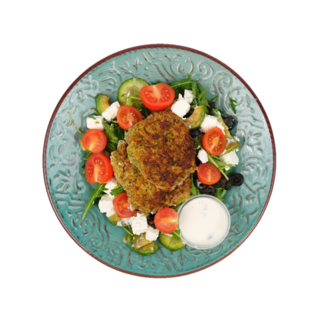 Chifetelute de dovlecel cu salata de avocado, rucola si branza feta 350g