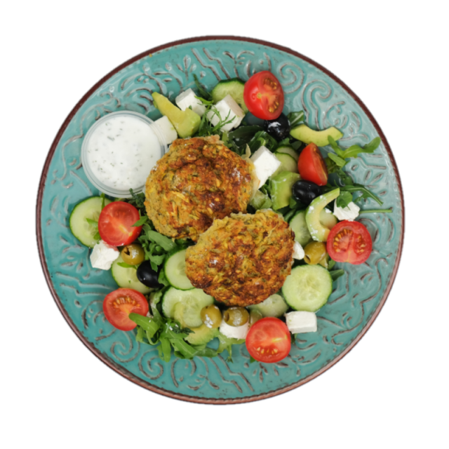Chiftelute de dovlecel cu salata de avocado, rucola si branza feta 350g