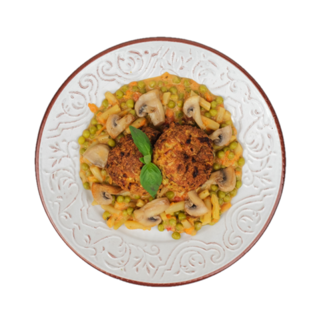 Chiftelute de dovlecel cu sote de mazare si fasole galbena si ciuperci la gratar 250g/350g/500g