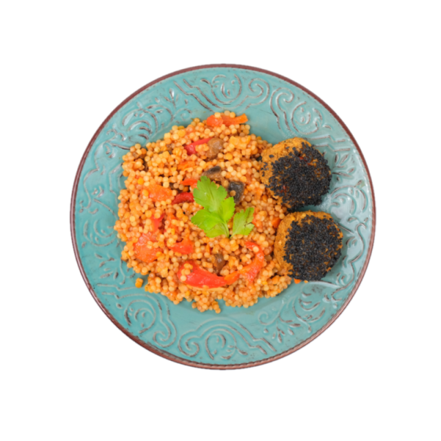 Chiftelute de soia in crusta de susan negru cu tocanita de linte si cous-cous 250g/350g/500g