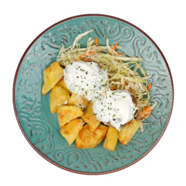 C. Chiftelute de vita cu cartofi copti, salata de varza si sos tzatziki 350g