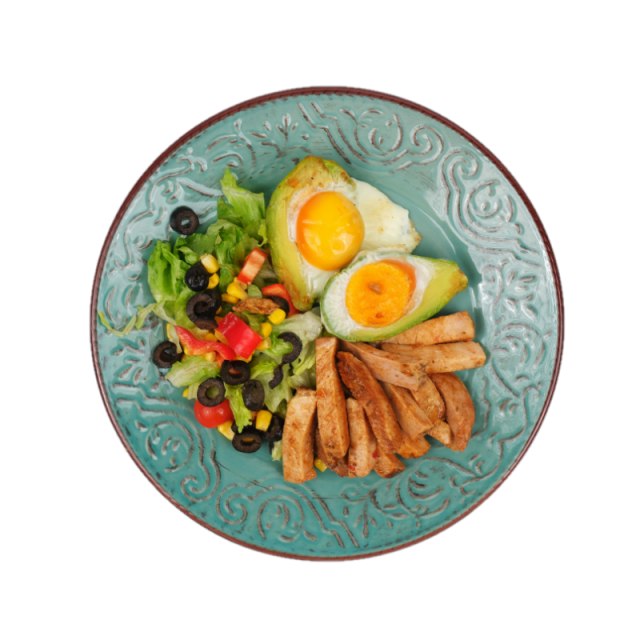 Cotlet de porc fasii la tigaie cu ou in avocado si minisalata 350g