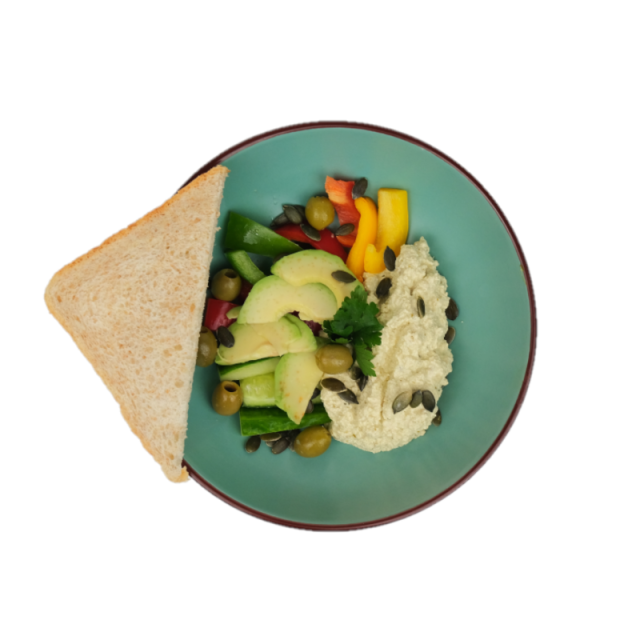Crema de tofu cu tartina din paine integrala, ardei multicolor, castraveti, masline, avocado si seminte de dovleac 200g/300g/400g