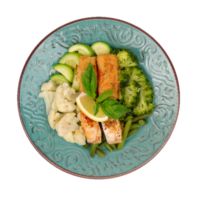 C. File de cod cu sos marinata cu fasole verde, broccoli, conopida si lamaie 350g