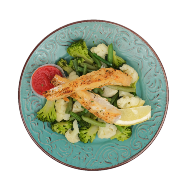 File de cod cu sos marinata cu fasole verde, broccoli, conopida si lamaie. 350g
