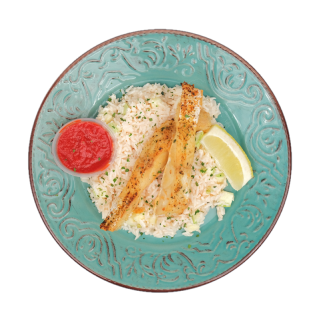 File de cod cu sos marinata cu orez, dovlecei si lamaie. 350g