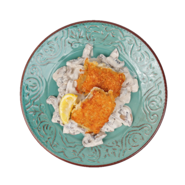 B. File de cod in crusta de pesmet și parmesan cu sote de ciuperci 350g