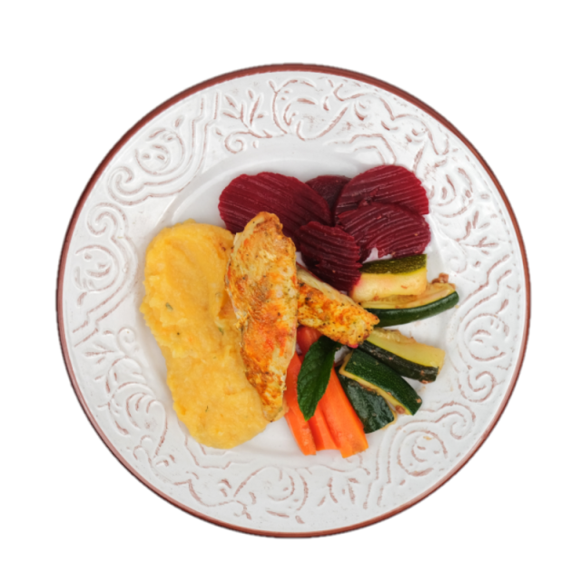 File de crap cu sos demiglace, piure de pastarnac, morcovi, zucchini si sfecla rosie 250g/350g/500g