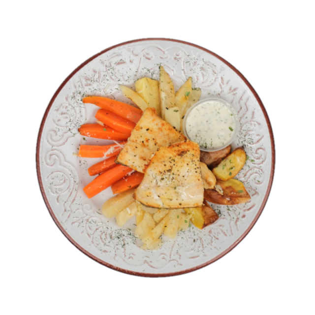 File de pastrav cu sos de capere cu cartofi, morcovi, telina si pestarnac la cuptor 250g/350g/500g