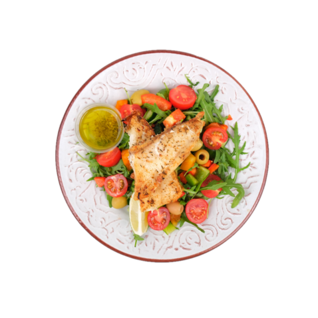 File de salau cu parmesan, sos de rosii si salata de rucola 250g/350g/500g