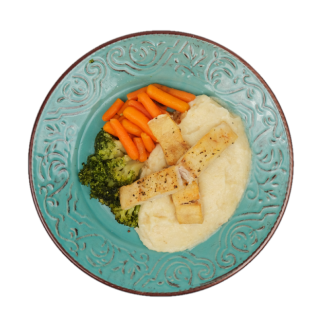 File de salau cu piure de telina si sote de broccoli cu morcovi baby 250g/350g/500g