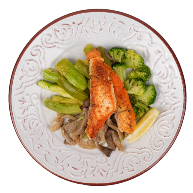 File de somon cu broccoli, ciuperci pleurotus si dovlecel