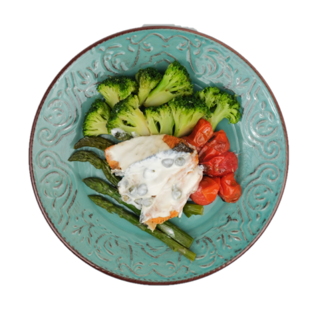 File de somon cu sos de capere, broccoli, rosii cherry si sparanghel 350g