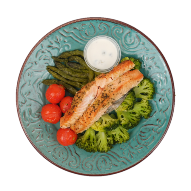 File de somon cu sos de capere, broccoli, rosii cherry si sparanghel 350g