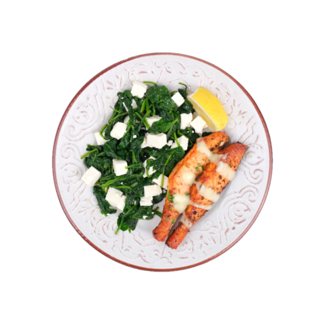 D. File de somon cu sos lamaie, baby spanac, branza si nuci 350g