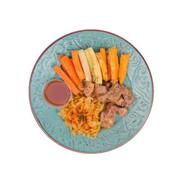 Friptura de porc cu mirodenii si legume la cuptor cu varza calita 250g