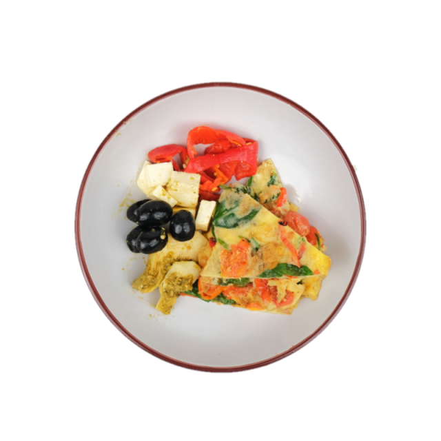 Fritata cu ardei, rosii cherry si baby spanac cu salata de anghinare, ardei kapia copt, masline, branza de capra si pesto rosso 200g