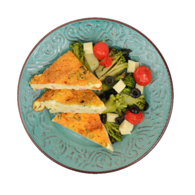 Fritata cu muschi file, branza telemea si ceapa verde, cu broccoli, praz, rosii cherry si masline 350g