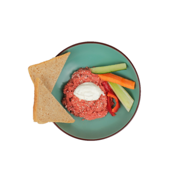 Humus de sfeclă roșie cu branza ricota, pasta de tahini, seminte de susan, salata de cruditati si paine integrala 200g