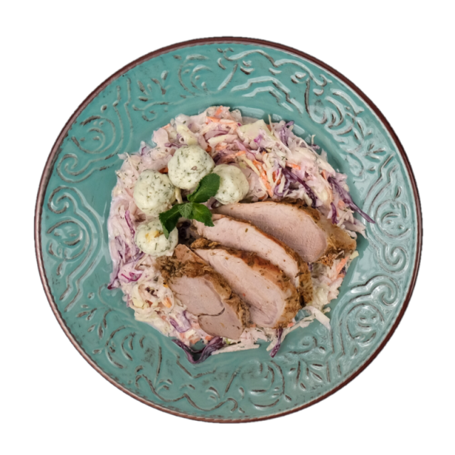 C. Muschiulet de porc cu mix de salata de varza si branza de burduf cu marar 350g