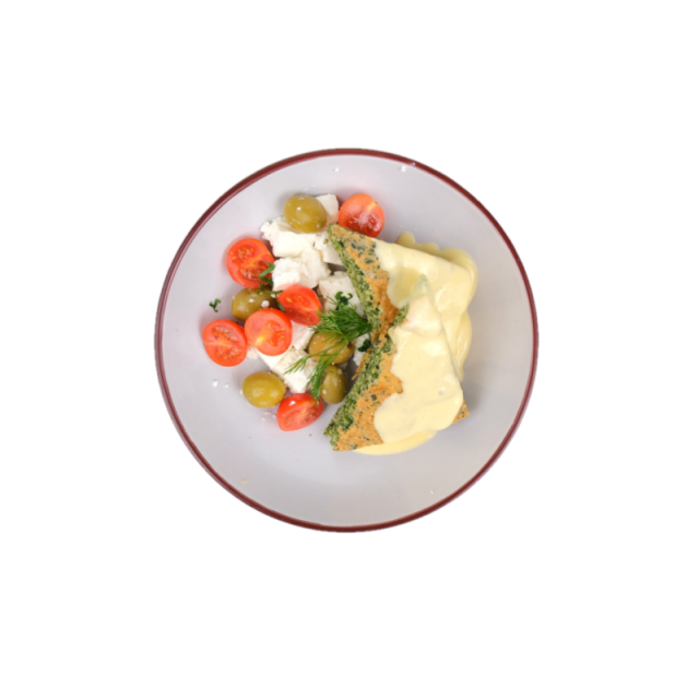 Ou cu spanac si parmesan cu telemea, rosii cherry si masline 200g - Supa de chimen cu ou 350ml