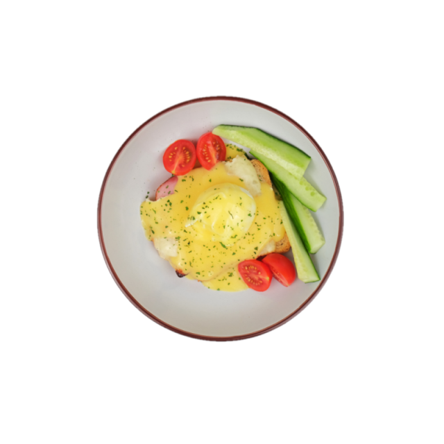Oua benedict cu sos holandaise (oua posate, muschi file la cuptor, cascaval, paine integrala, rosii cherry si bastonase de castraveti) 300g