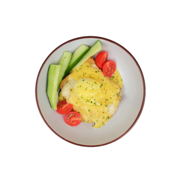 Oua benedict cu sos holandaise (oua posate, cascaval, paine integrala, rosii cherry si bastonase de castraveti) 200g/300g/400g
