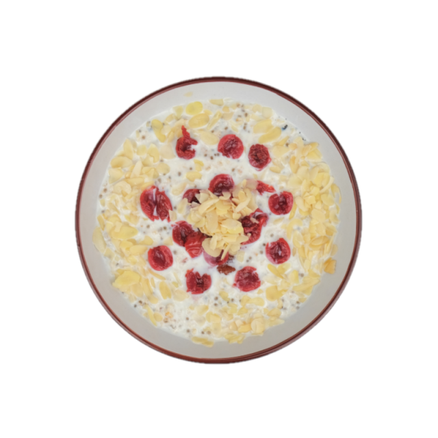Ovaz cu iaurt, chia, visine, fulgi de migdale si dulceata fara zahar. 200g/ 300g/ 400g