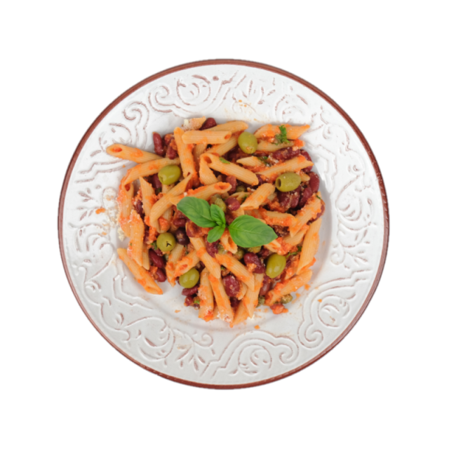 Penne integrale putanesca cu fasole rosie, masline kalamata, rosii si capere 250g
