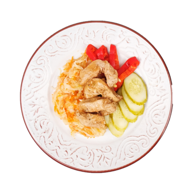 B. Piept de curcan cu salata de varza, castraveti murati si gogosari 350g