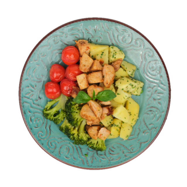 Piept de pui cu sos de ementaler, avocado, broccoli si rosii cherry 350g