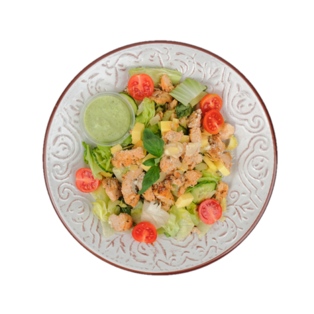 Piept de pui cu mix de salata cu rucola, apio, rodie, fulgi de migdale, cascaval afumat, parmesan si sos de ceapa verde si masline 250g