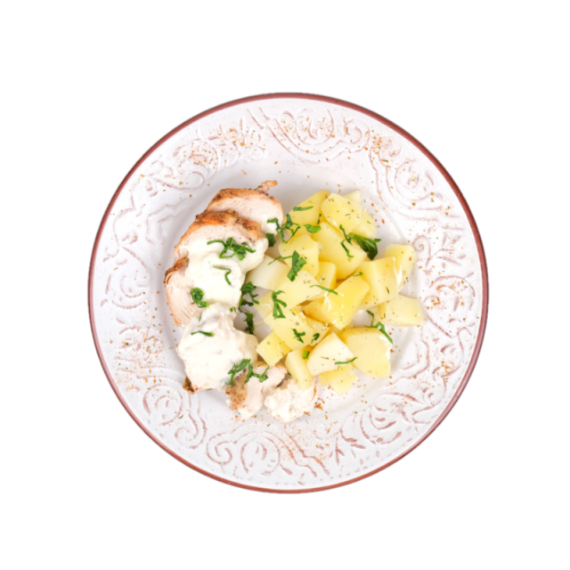 Piept de pui cu sos gorgonzola si cartofi natur 250g