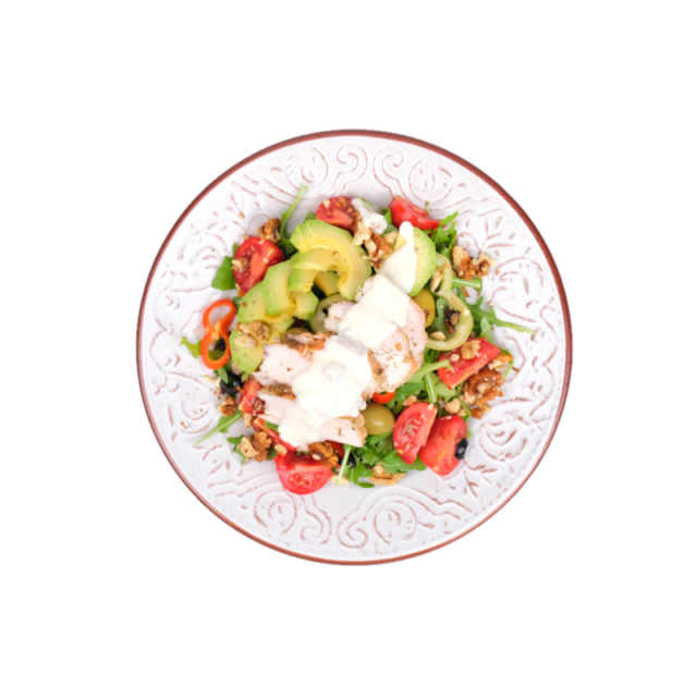 A. Piept de pui cu sos gorgonzola si salata cu rucola, rosii, nuci, grana si avocado 350g