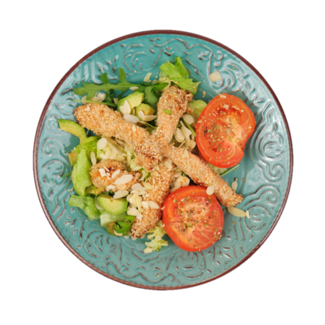 Piept de pui cu susan cu avocado, migdale si rosii coapte 350g/500g