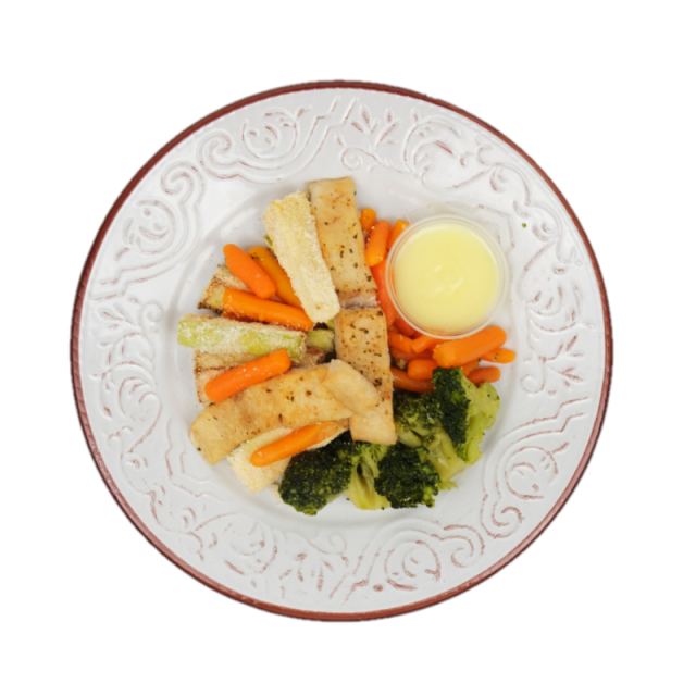 File de salau cu sos alb cu dovlecei la cuptor si sote de broccoli cu morcovi baby 350g