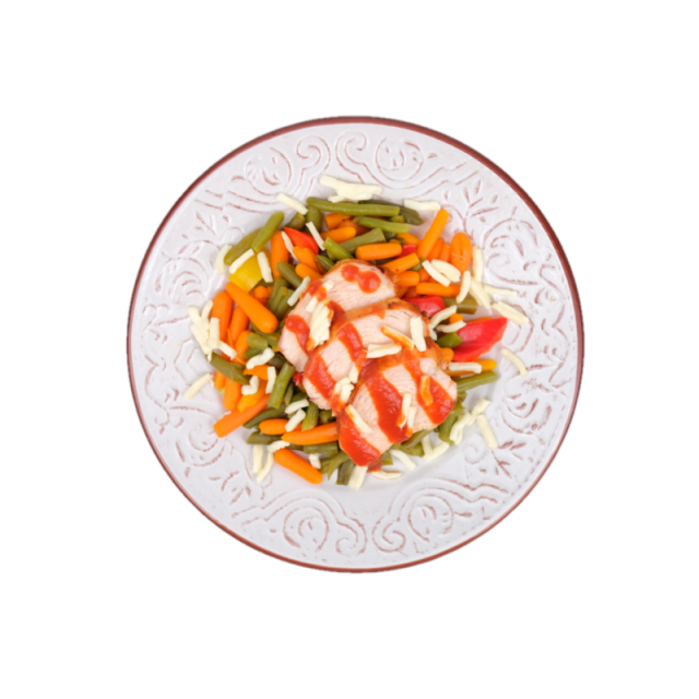 C. Piept de pui diavola cu mozzarella, fasole verde, ardei si baby morcovi 350g