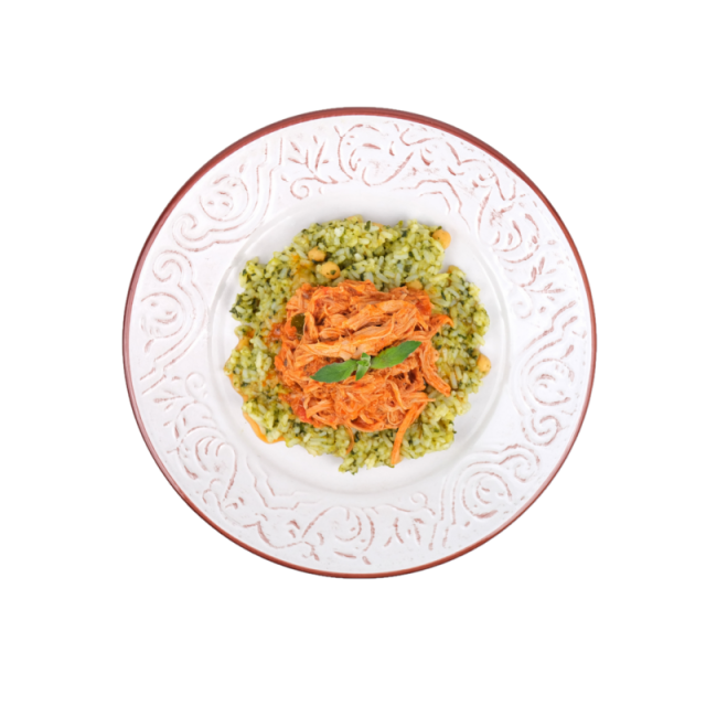 Pulpa de porc slow cooked in sos de rosii cu curry de orez cu naut si spanac 250g