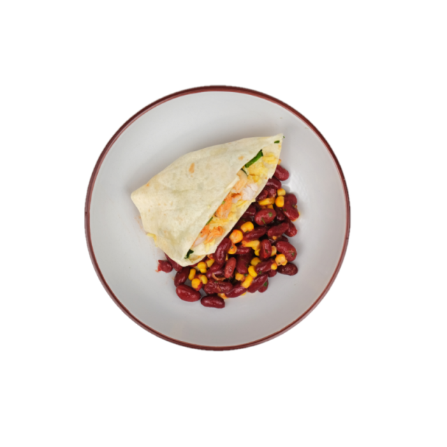 Quesadilla cu piept de pui, cascaval si baby spanac, cu salsa de rosii, fasole rosie si porumb 200g
