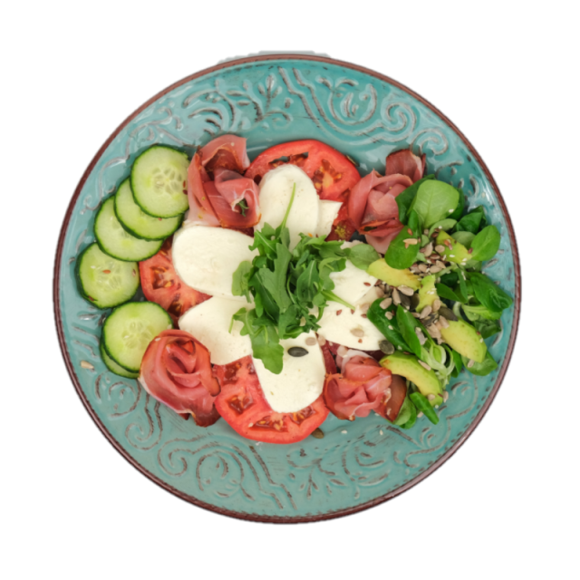 Salata cu rosii, branza telemea, castraveti, ou fiert si muschi file 350g