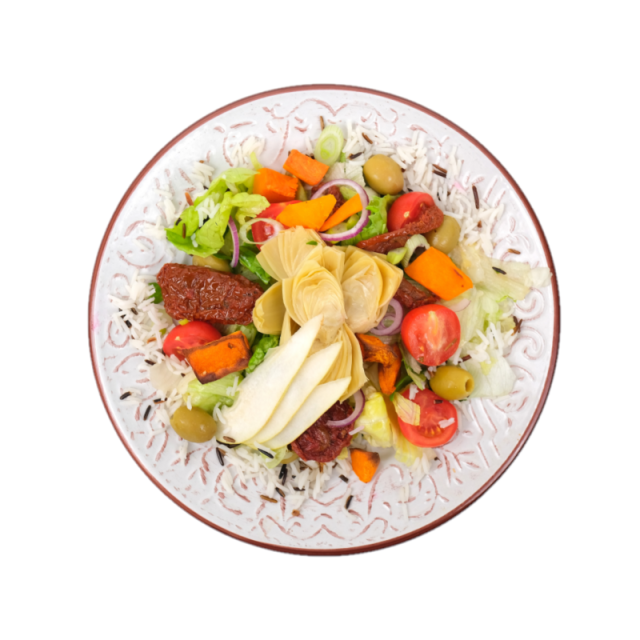 Salata cu cartofi dulci, orez salbatic, mix de rosii, masline, ardei, broccoli si anghinare 250g/350g/500g