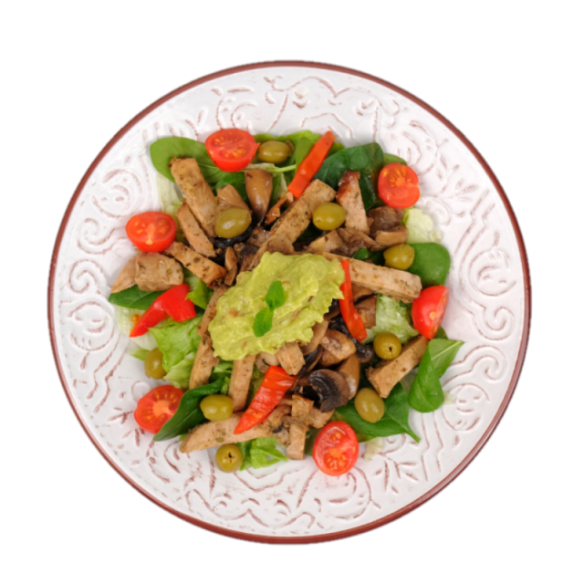 D. Salata cu cotlet de porc, branza Philadelphia, ciuperci de padure, ardei kapia copt si guacamole 350