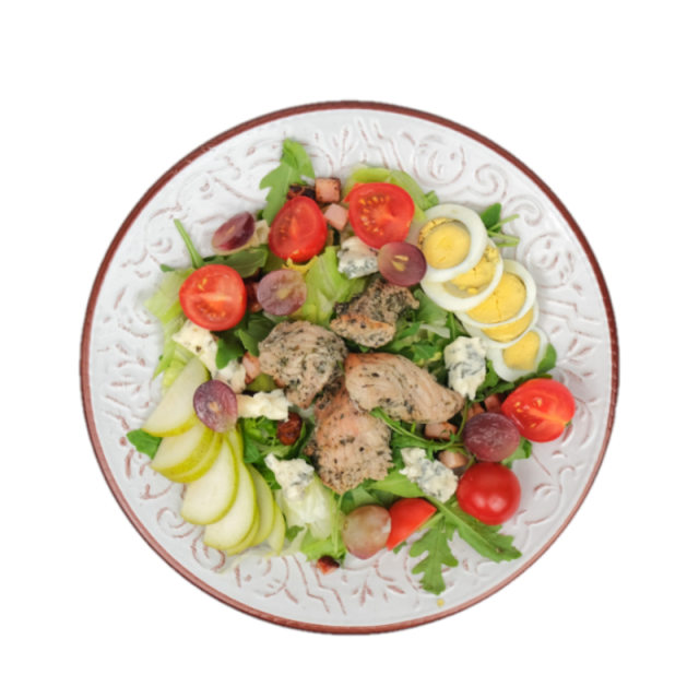 Salata cu piept de curcan, bacon, ou fiert, gorgonzola, grana si sos de iaurt 250g