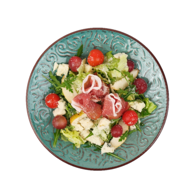 Salata cu prosciutto crudo, gorgonzola, pere, rosii cherry si boabe de struguri 350g