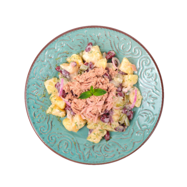 Salata cu ton, cartofi, fasole rosie, ceapa, castraveti murati si sos de lamaie 250g/350g/500g