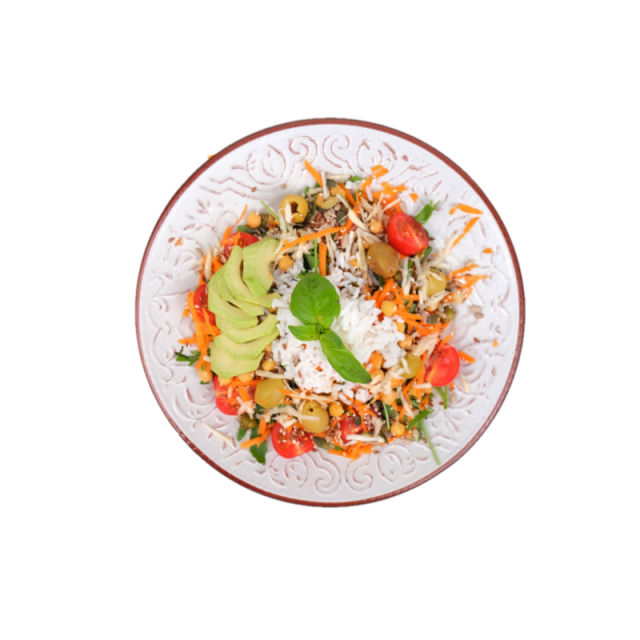 Salata de rucola cu rosii cherry, capere, naut, orez, morcovi, telina si sos verde 250g/350g/500g
