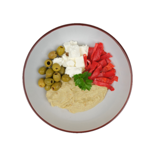 Salata de vinete cu branza feta, ardei kapia copt, rosii cherry, masline verzi si capere 200g