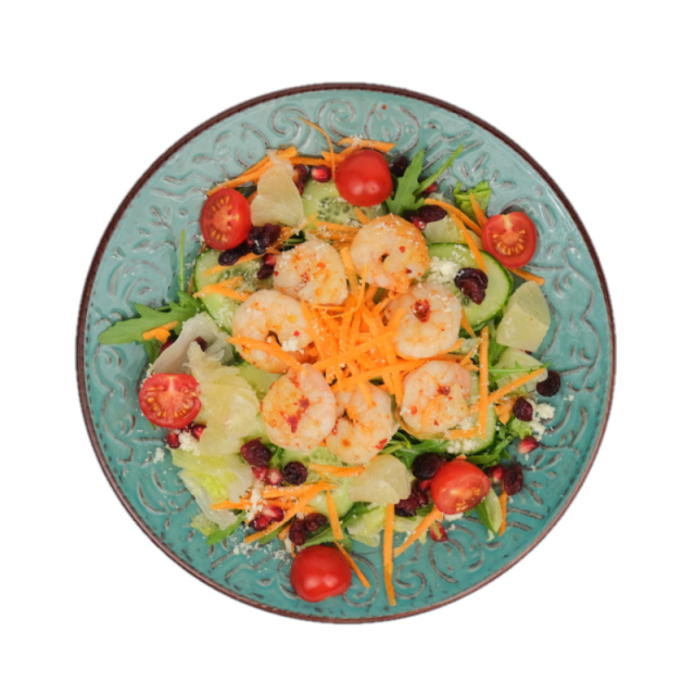 Salata mediteraneeana cu creveti, grana, portocale, merisoare, rosii cherry. 350g